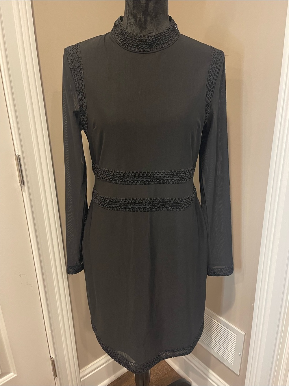 MINKPINK Black Long-Sleeve High Neck Dress with Crochet Trim